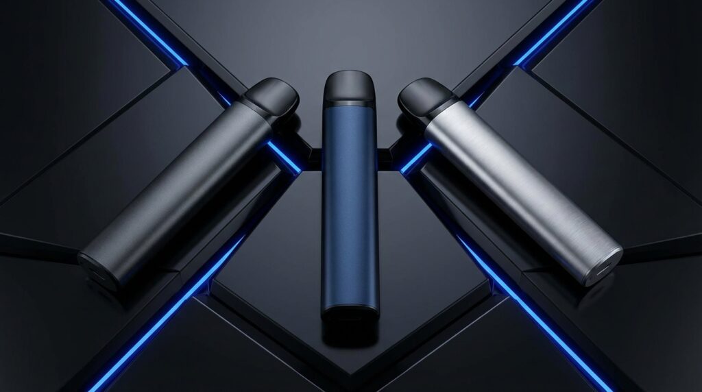 Premium pod system vape devices in different colors on dark surface