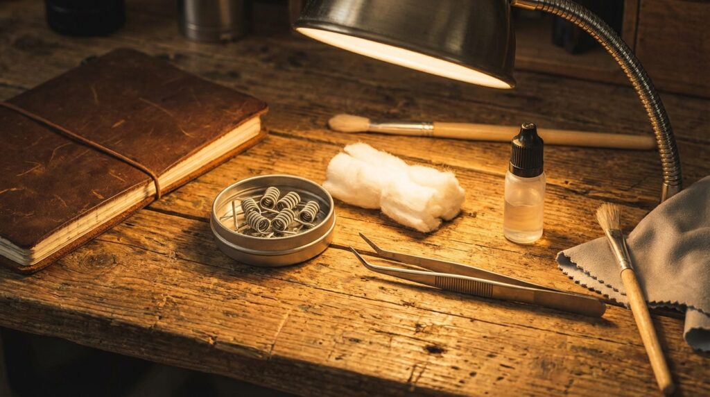 Vape coil maintenance scene with fresh coils cotton and tools