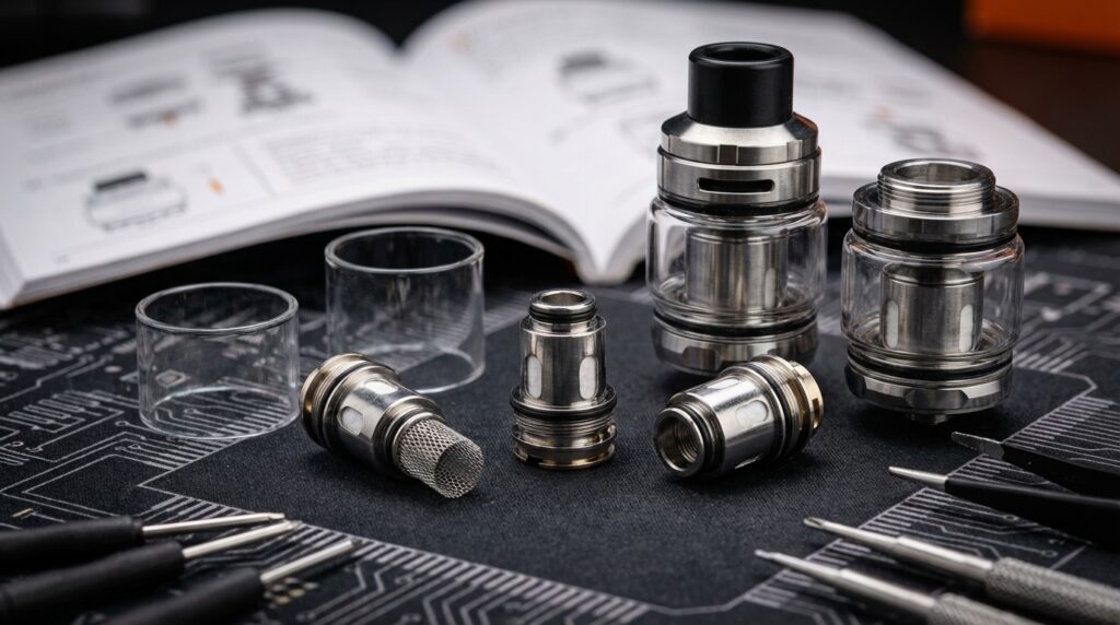Various GeekVape coils and compatible tanks on technical workspace