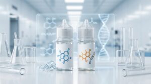 Two e-liquid bottles side by side comparing salt and freebase nicotine