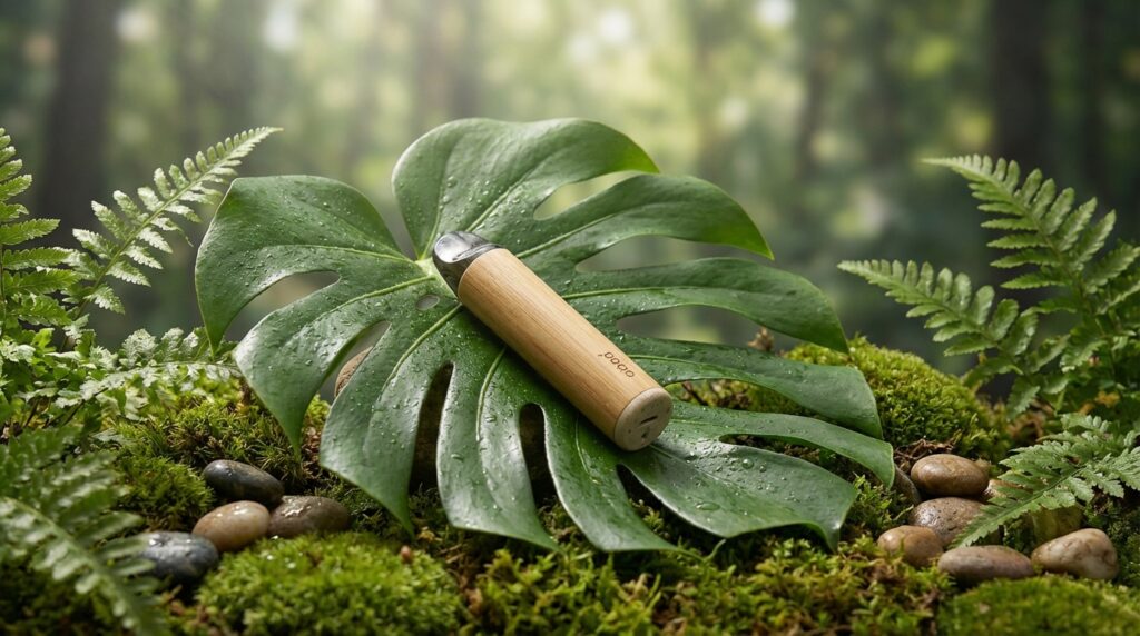 Compact eco-friendly pod vape device on natural green leaf surface