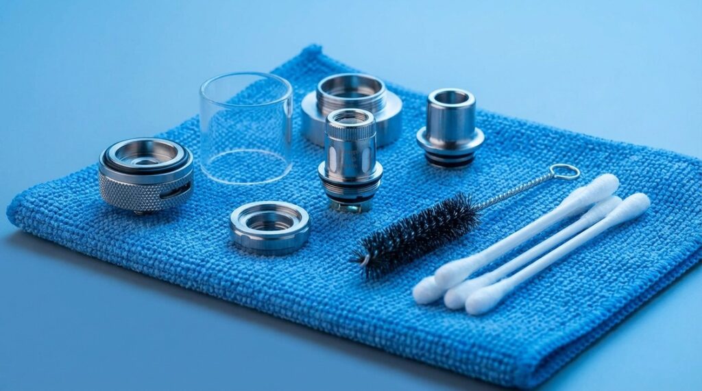 Disassembled vape tank parts with cleaning supplies