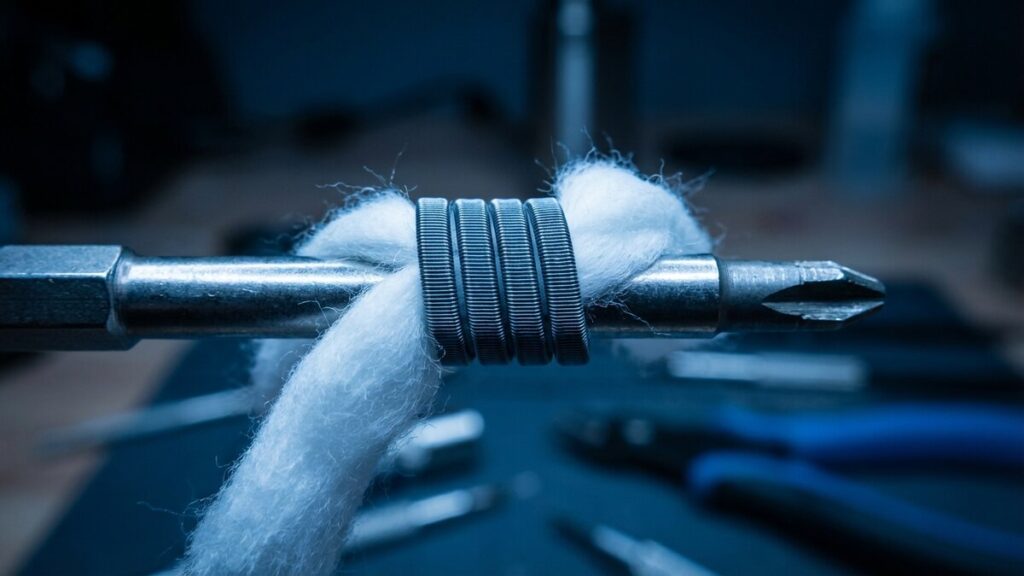 Vape coils and cotton wicking material close-up