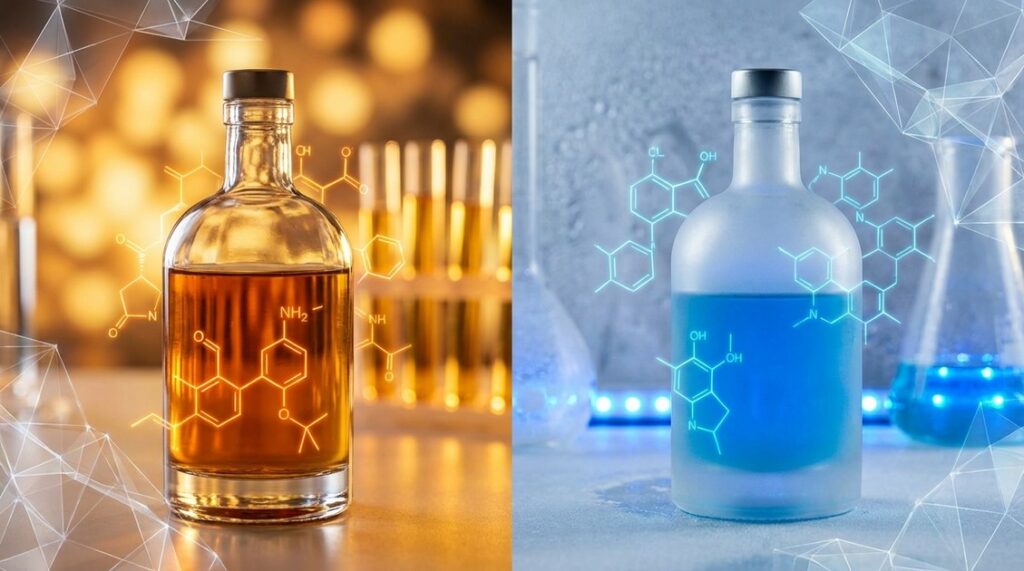 Nicotine salt vs freebase e-liquid bottles with molecular structure