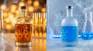 Nicotine salt vs freebase e-liquid bottles with molecular structure