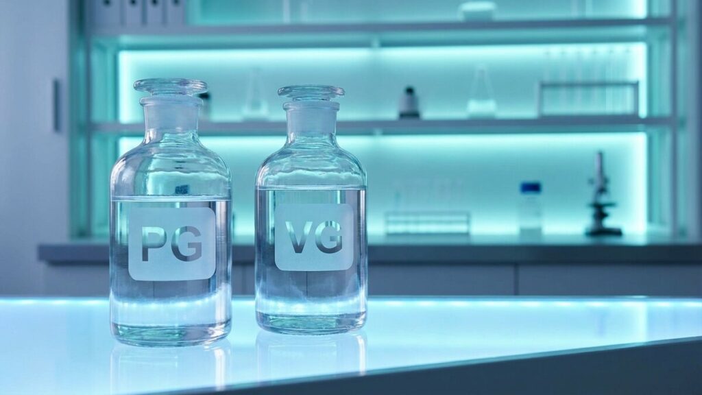 PG and VG liquid bottles with scientific aesthetic