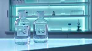 PG and VG liquid bottles with scientific aesthetic